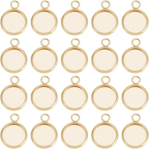 1 Box 40Pcs 10/20mm Cabochon Settings Charms 24K Gold Plated Stainless Steel Plain Edge Bezel Cups Flat Round Back Charm for DIY Jewellery Making Findings