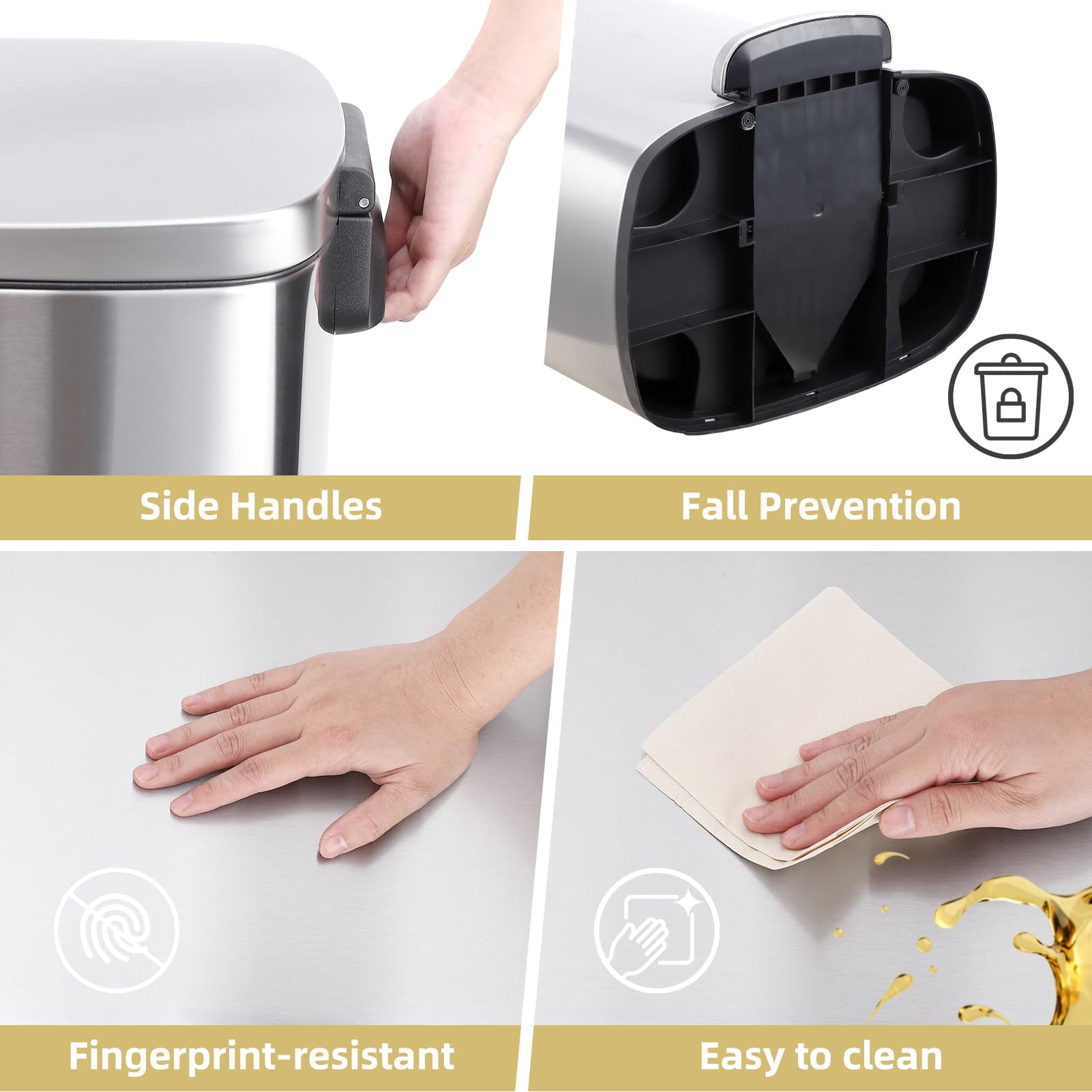 Kitchen Trash Can, Smudge Resistant Rectangular Garbage Can with Soft-Close Foot Pedal, Brushed Stainless Steel, 50 Liter/13 Gallon