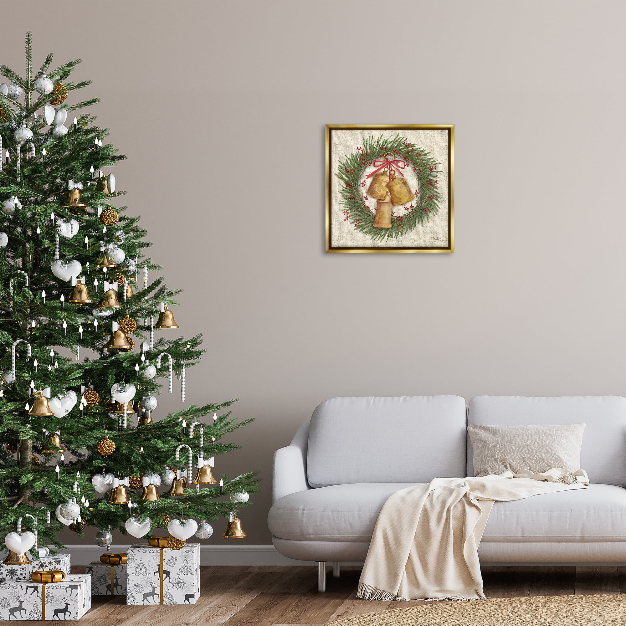 Stupell Industries Festive Bells Wreath Holiday Painting Gold Floater Framed Canvas Art Print Wall Art, 25 x 25