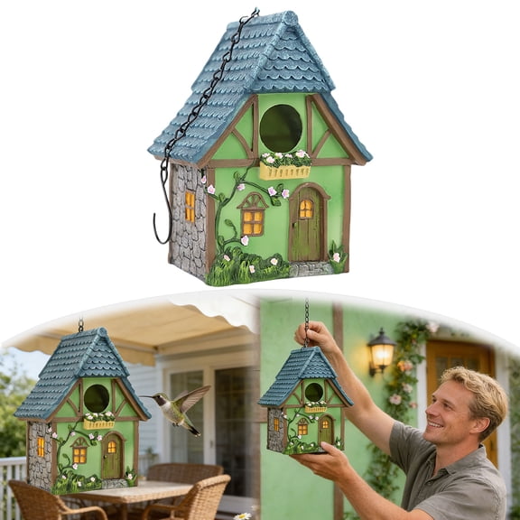 Bird Houses for Outside Rustic Cottage Birdhouse with Thatch Roof – Hand-Painted Resin Birdhouses for Outdoors for Bluebird Finches Cardinals Bird Nesting Garden, Patio, Yard,Green