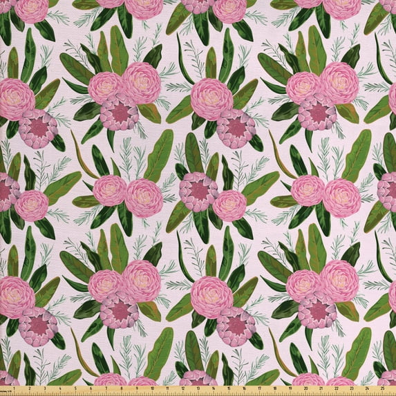 Floral Sofa Upholstery Fabric by the Yard, Camellia Flowers in Bloom with Leaves Designed in Watercolor Pattern, Decorative Fabric for DIY and Home Accents, Lilac Olive Green and Pink by Ambesonne
