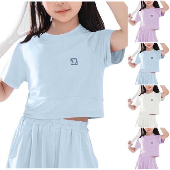 SGFCWSX Girls T Shirt Cropped Short Sleeve Raglan Crew Neck Quick Dry Breathable Athletic Casual Kids Daily Sports Wear Tee Tops Blue Size 10