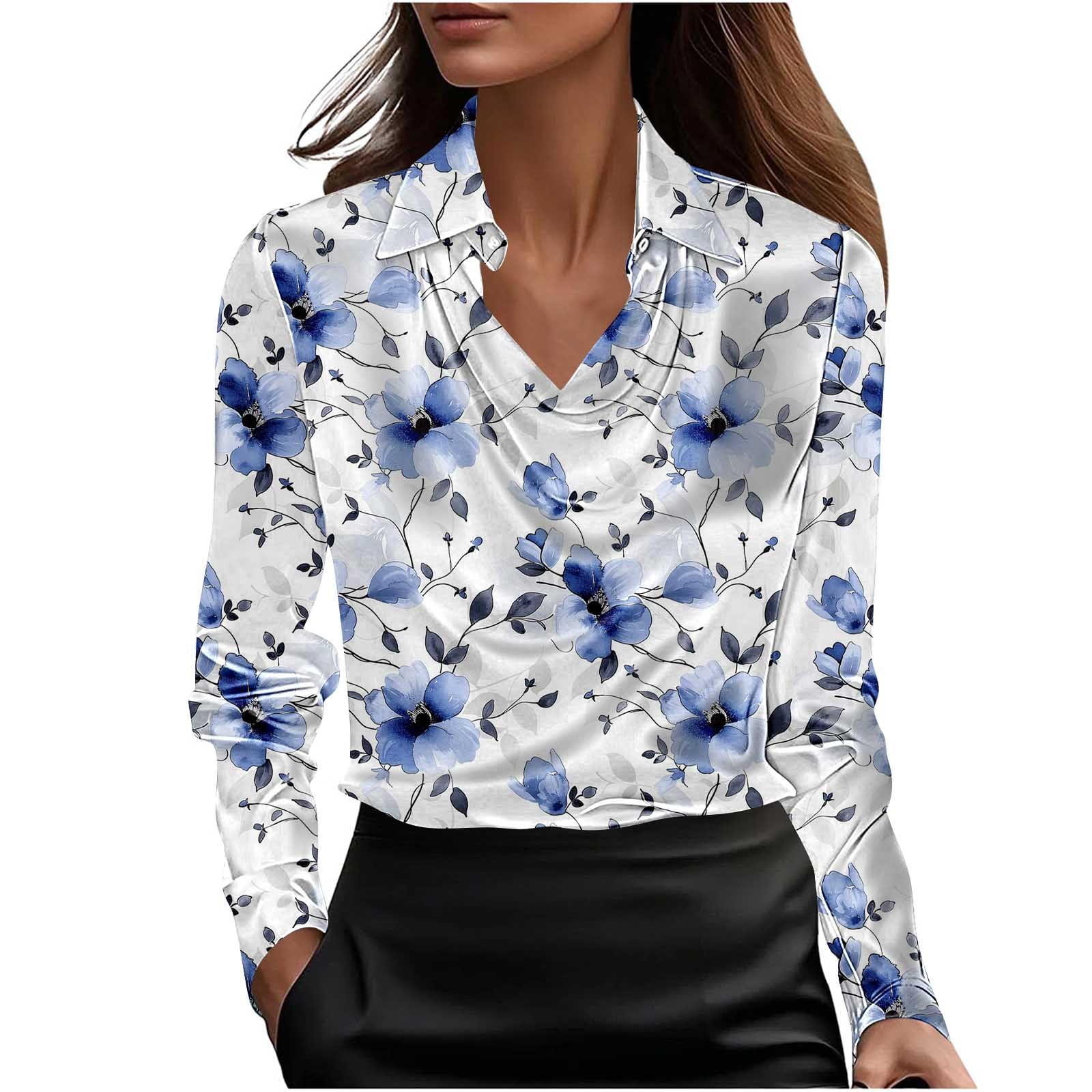 Women Spring Clothes Long Sleeve Satin Shirt for Women Floral Print Top Tshirts Cowl Neck and Lapel Neck Tops Blouse Pullover New Arrivals My Items