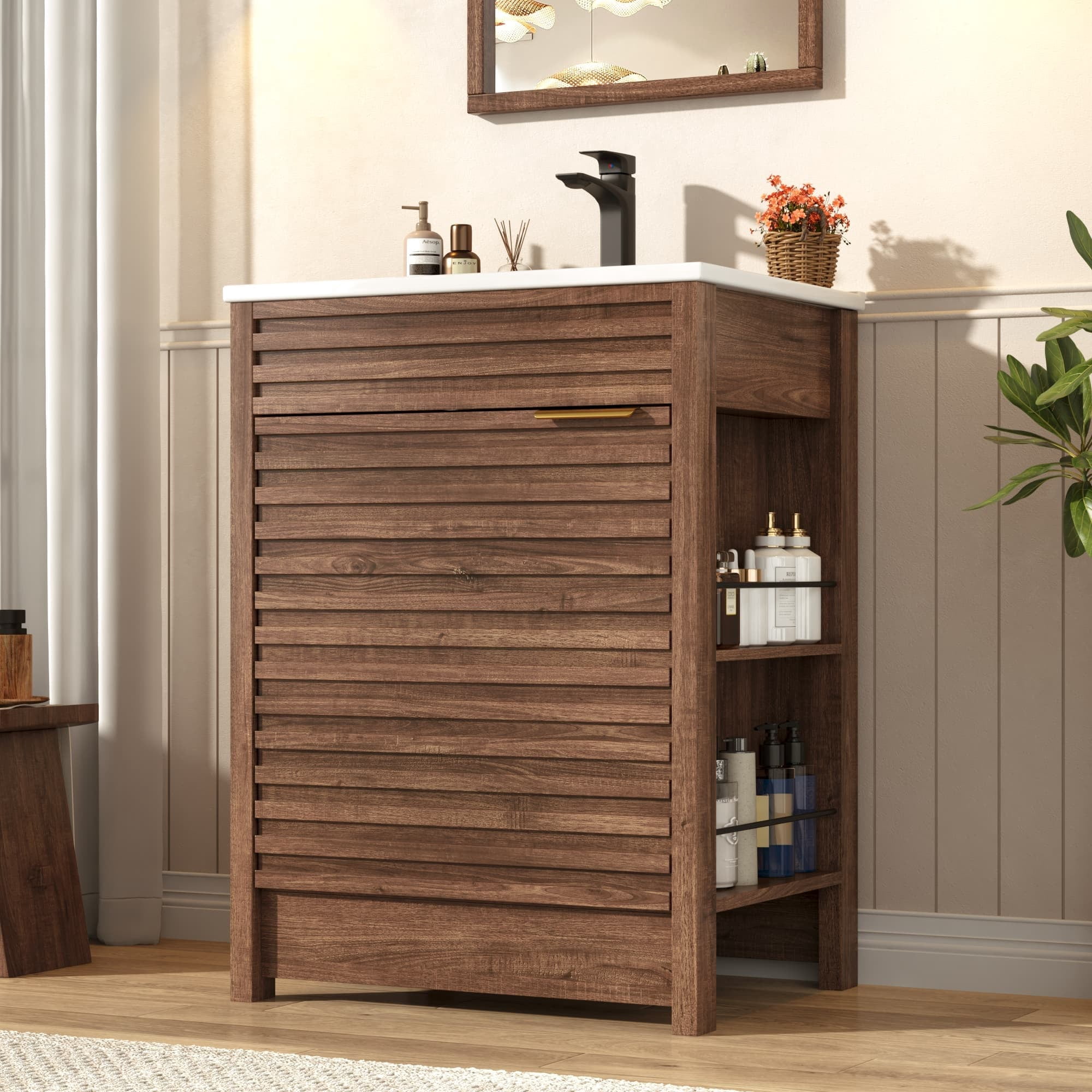 24" Bathroom Vanity Combo with Ceramic Sink & Faucet, Modern Light Oak Single Vanity Set with Fluted Door, Over-the-Door Storage Bthroom Cabinet with 2-Tier Side Shelves for Small Space