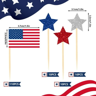 Whaline 140Pcs Patriotic SCH4 Cupcake Topper Glitter Star American Cupcake Picks 4th of July Food Picks with Sticks Glue Point for Independence Day Memorial Day Party Supplies Cake Decoration