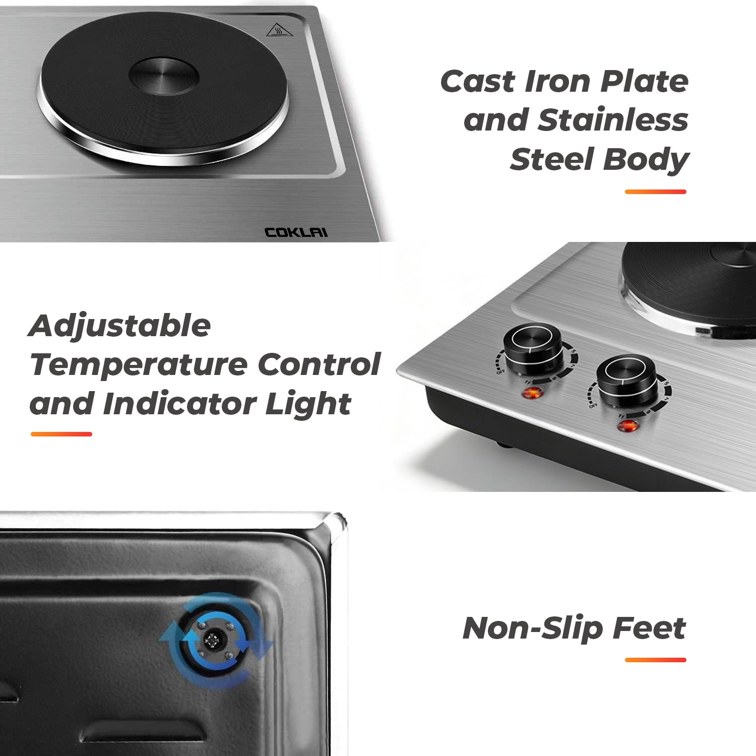Coklai 1800W Portable Double Burner Hot Plate, Stainless Steel Countertop Electric Cooktop with Dual Cast Iron Heating Plates, Easy to Clean, 24-month warranty