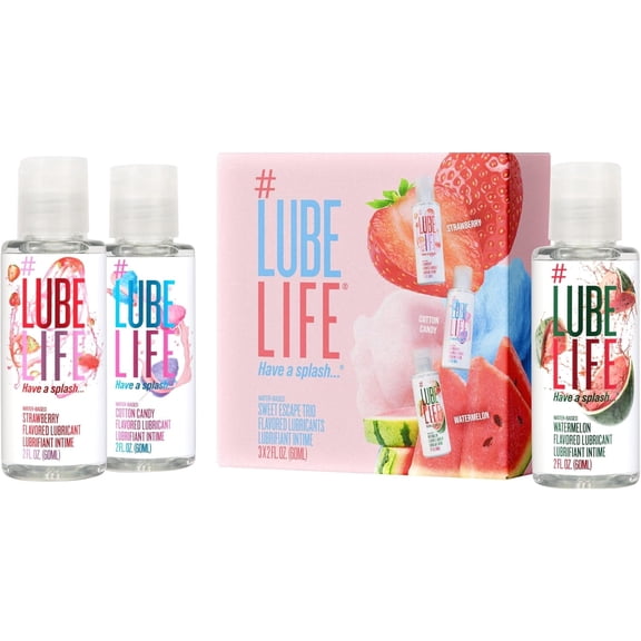 LubeLife Water-Based Flavored Lubricant Variety Pack Strawberry, Watermelon & Cotton Candy, Personal Lube for Men, Women and Couples, No Added Sugar, 3 Pack 2 fl oz