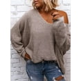 thumbnail image 4 of Women'S V Neck Long Sleeve Knit Loose Oversized Pullover Sweater Top Camel Color XL, 4 of 5