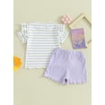 thumbnail image 5 of Toddler Girl Summer Outfits, 6 12 18 24M 3 4T Crew Neck Short Sleeve Striped Tops + Elastic Waist Wave Hem Shorts Infant Shorts Set, 5 of 10