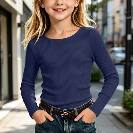 Nsxcdh Pullover Knit Blouse for Girls Solid Color Ribbed Crew Neck Long Sleeve Stretch Skin Friendly Undershirt Basic Casual Tee for Fall Winter Daily Home Loungewear 5-6Years Navy