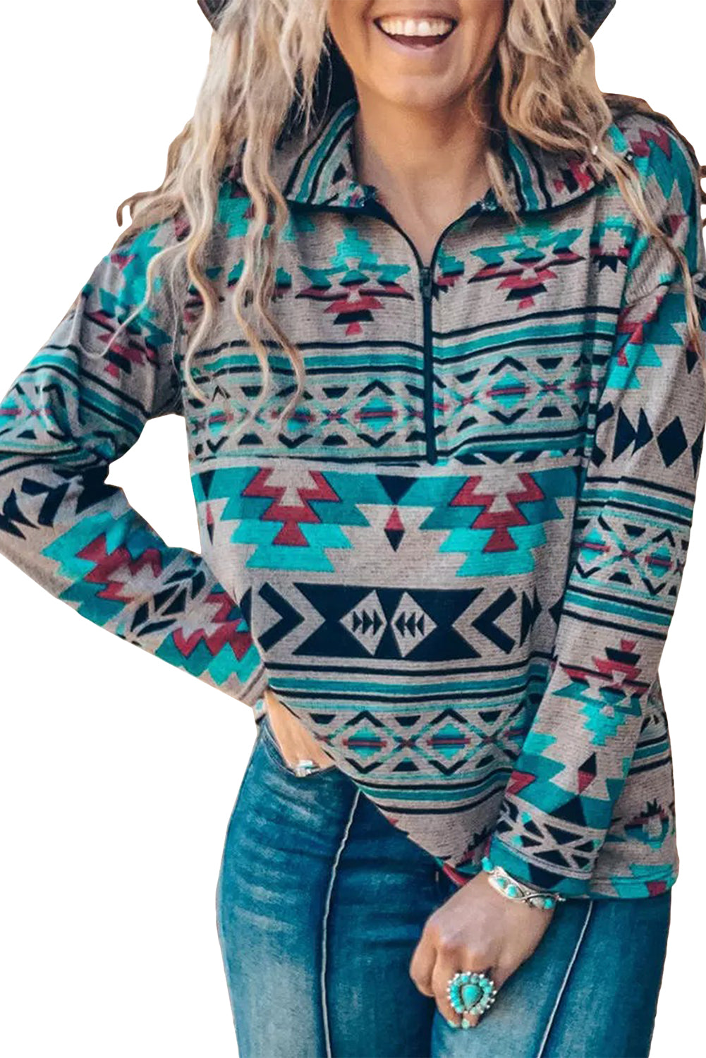 Women Green Zip Collar Aztec Pattern 