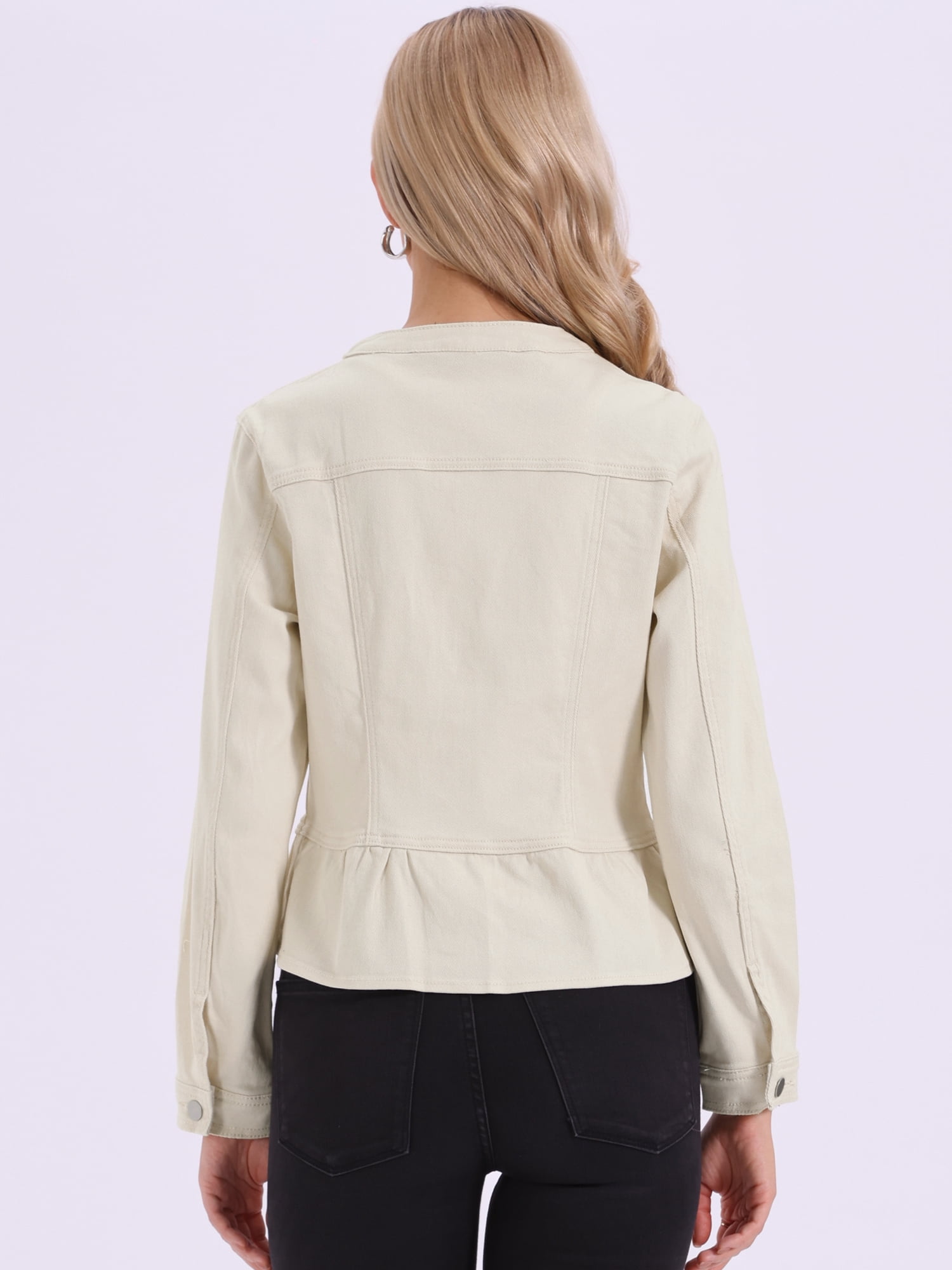 DARING DIVA Women's Peplum Hem Button Down Collarless Jean Jacket M Oyster