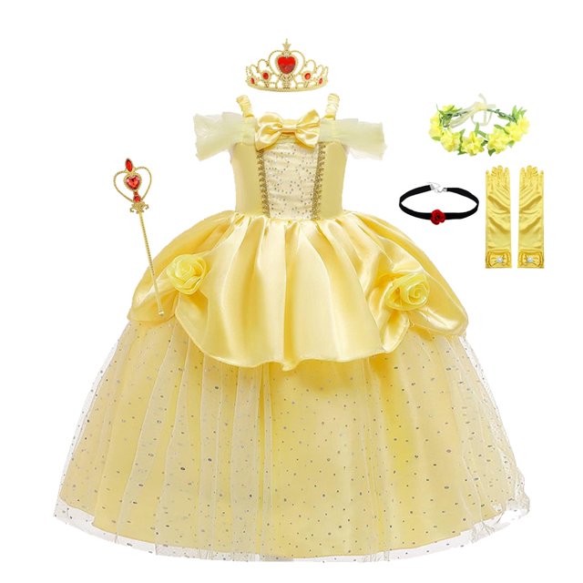 Vestido de princesa bella para niñas, disfraz de la Bella y La Bestia, ropa de fiesta, corona de palo mágico, 2022 Fivean unisex
