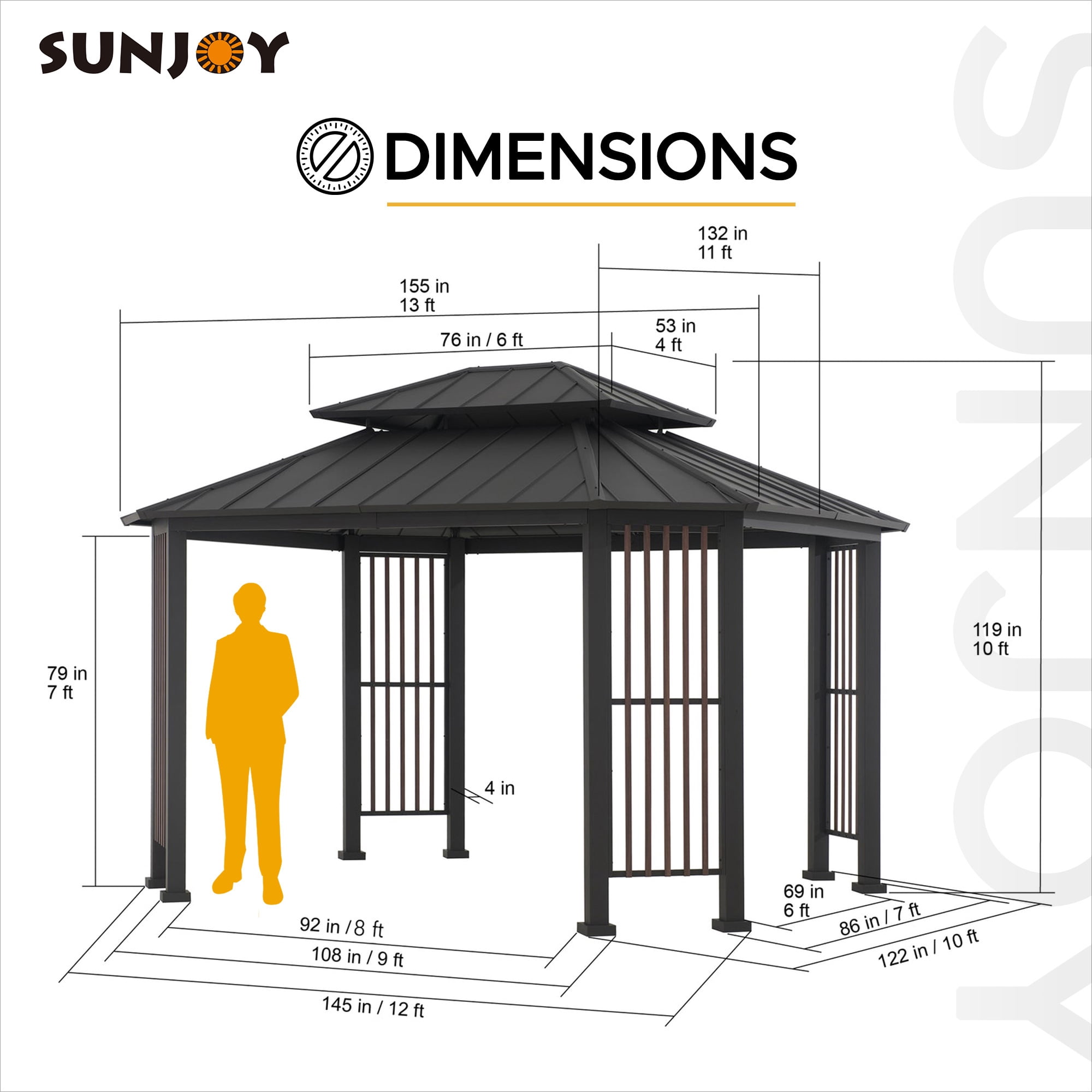 Sunjoy 11 x 13 ft. Hardtop Gazebo Outdoor 2-Tier Steel Hardtop Metal Gazebo with Dual Rails and Ceiling Hook, Suitable for Patio & Backyard, Grey