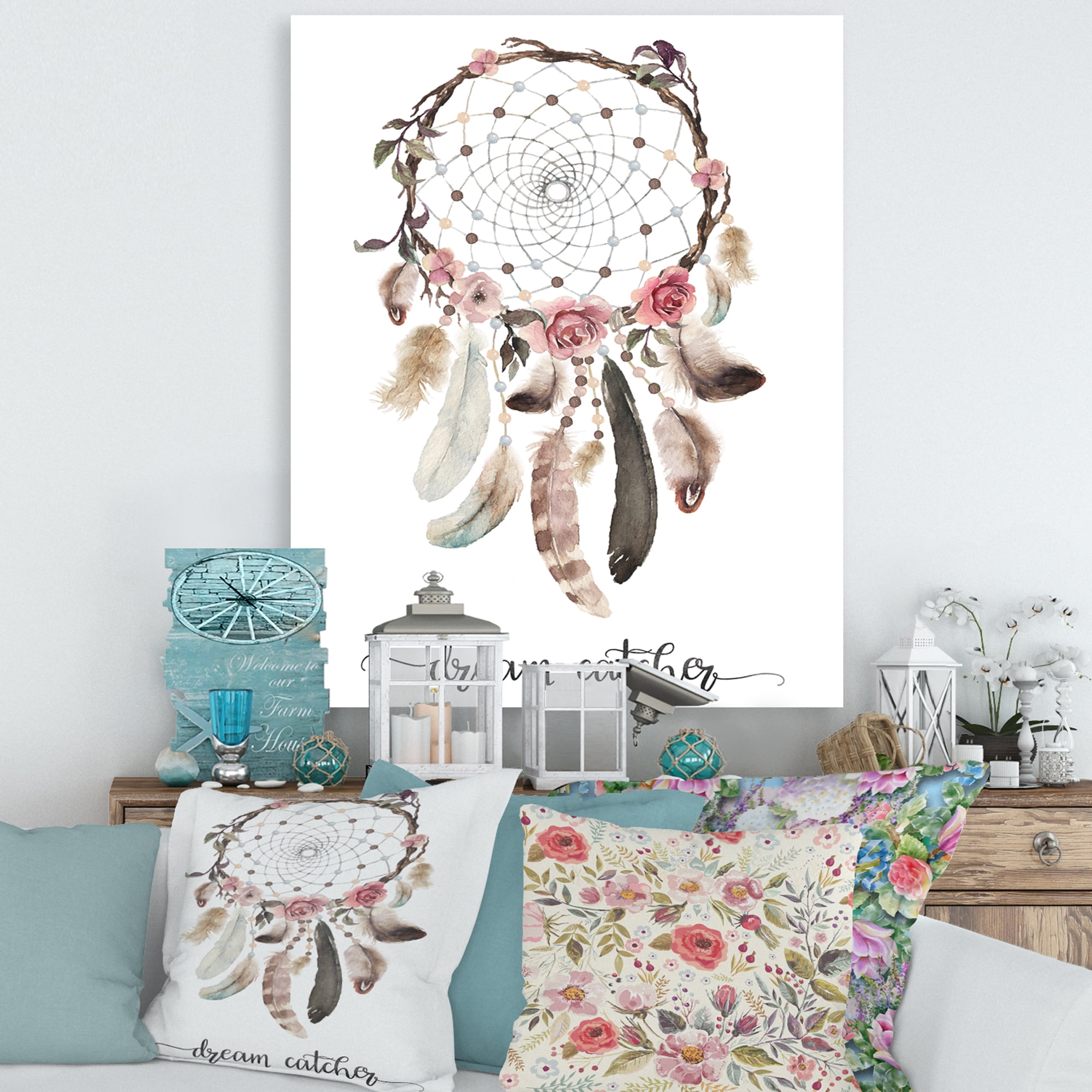 Designart ' Dream Catcher Made With Ethnic Feathers ' Bohemian & Eclectic Canvas Wall Art Print