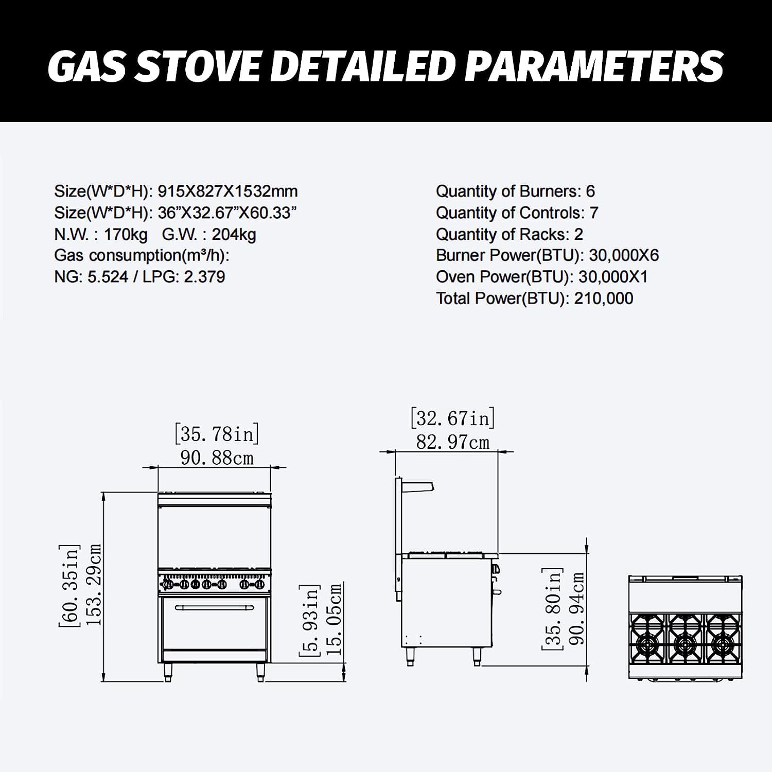 Hakka 36" Gas Range Stove With 6 Powerful Burners For Commercial Kitchens