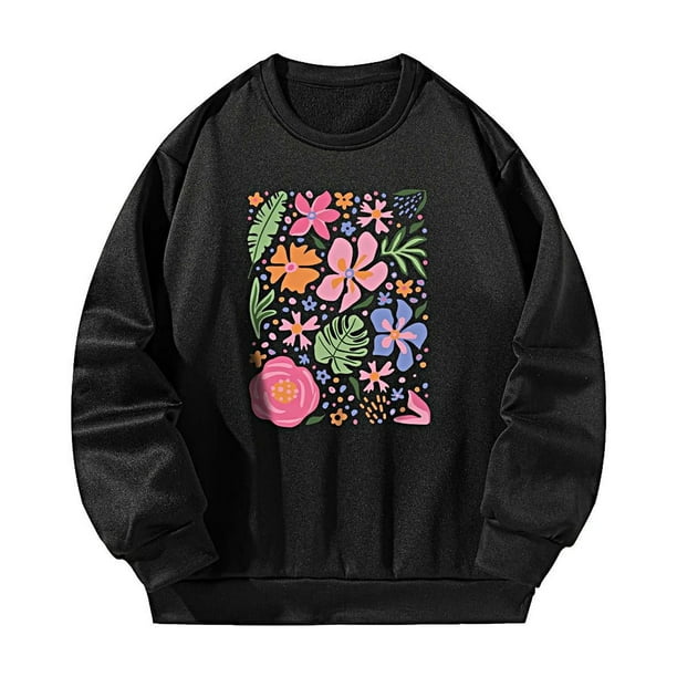Sudadera de cuello redondo para mujer, suéteres de cuello redondo de otoño para acampar, viajar, calle Negro