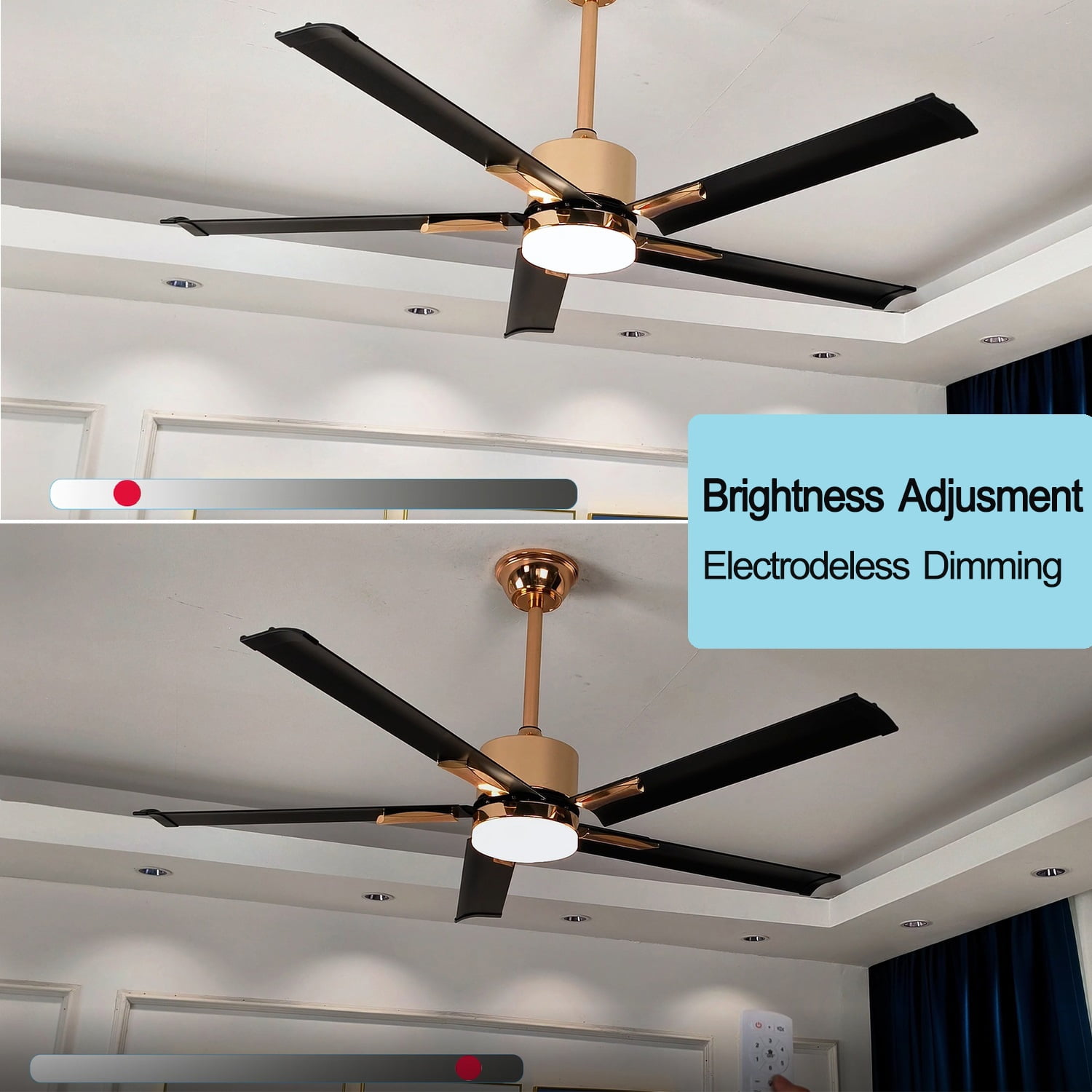 GULICA 52 Inch Ceiling Fan with Light, with 5 Aluminum Blades, Remote and APP Contorl, Dimmable  Light, Quiet Reversible Copper DC Motor for Bedroom, Living Room, Apartment, Champagne Gold and Black