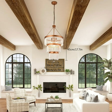 15.7" Wood Beaded Chandelier Antique Gold Boho Chandelier Light Bohemia Style Pendant Lamp Without Bulb