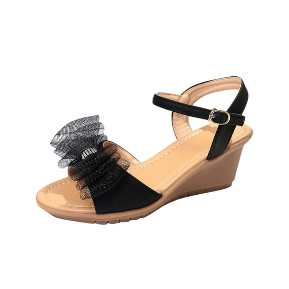 Xfvqtps Wedge Sandals for Women Mesh Bow Rhinestone Ankle Buckle Strap Open Toe Soft Sole Non Slip Summer Leather Sandals Black