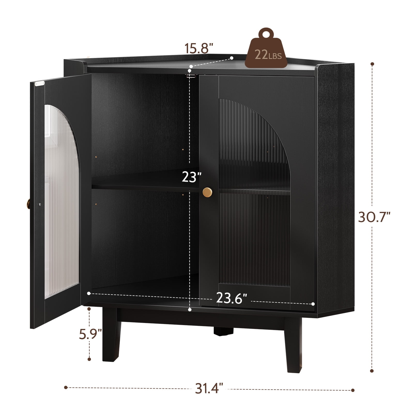 Vividwood Floor Corner Cabinet with Doors and Shelves, Fluted Storage Cabinet Freestanding Corner Cabinet for Bathroom, Kitchen, Living Room, Black