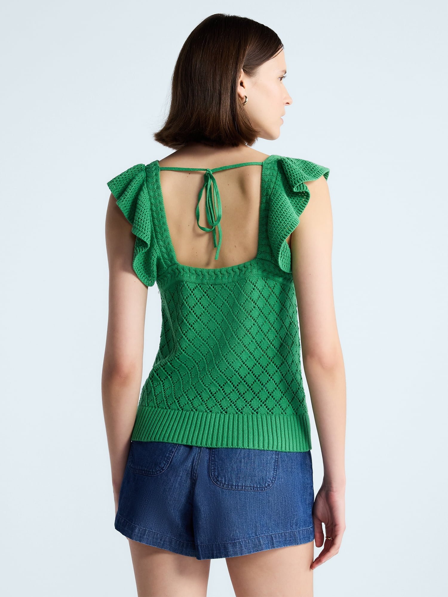 Free Assembly Women's and Women's Plus Square Neck Cotton Sweater with Flutter Sleeves, Sizes XS-4X