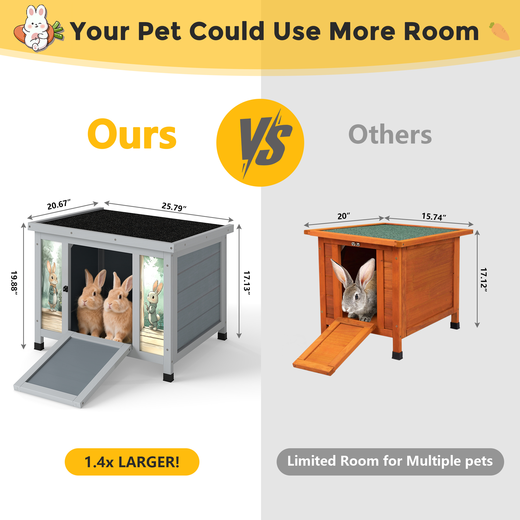 24'' Small Rabbit Hutch Outdoor, Bunny Cage for Small Animal with Weatherproof & Openable Top, Wooden Cat House for Indoor & Outdoor Use (Grey)