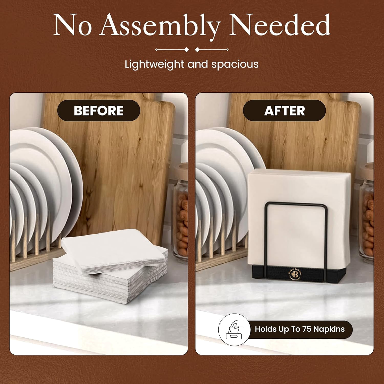 Napkin Holder for Table, Black Metal Frame with Bamboo Base, Non-Slip Bottom, Fits Cocktail or Dinner Paper Napkins