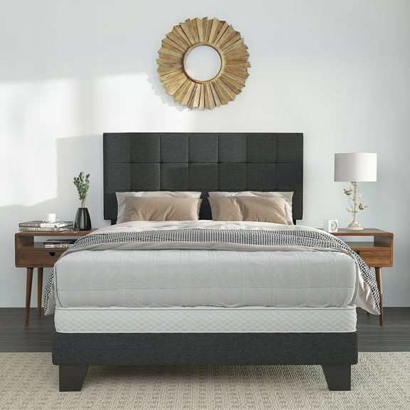 Einfach Queen Size Upholstered Panel Bed with Adjustable Headboard, Dark Grey