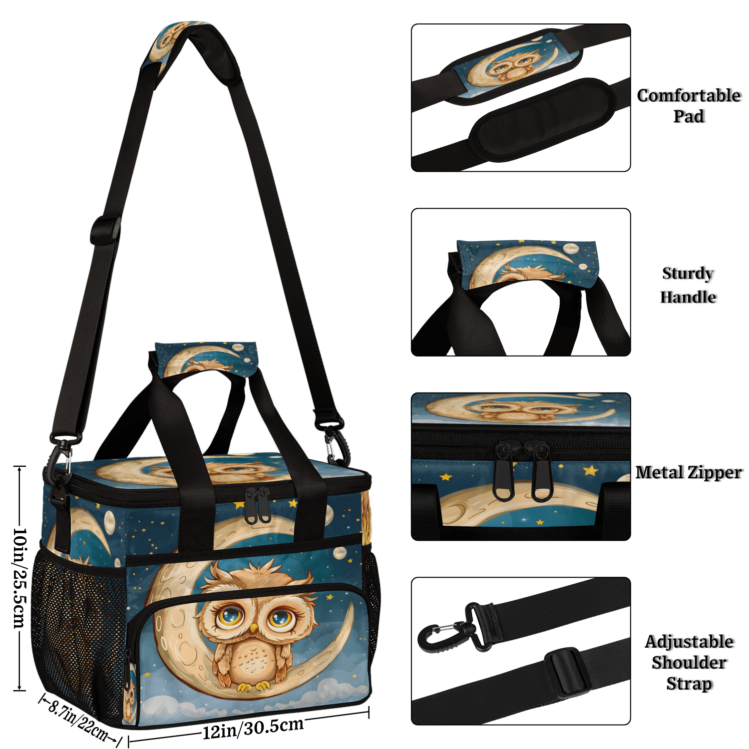 Herdesigns Night Moon Owl Large Lunch Box for Adults Women Men with Adjustable Shoulder Strap, Insulated Reusable Lunch Bag Leakproof Cooler Tote Bag