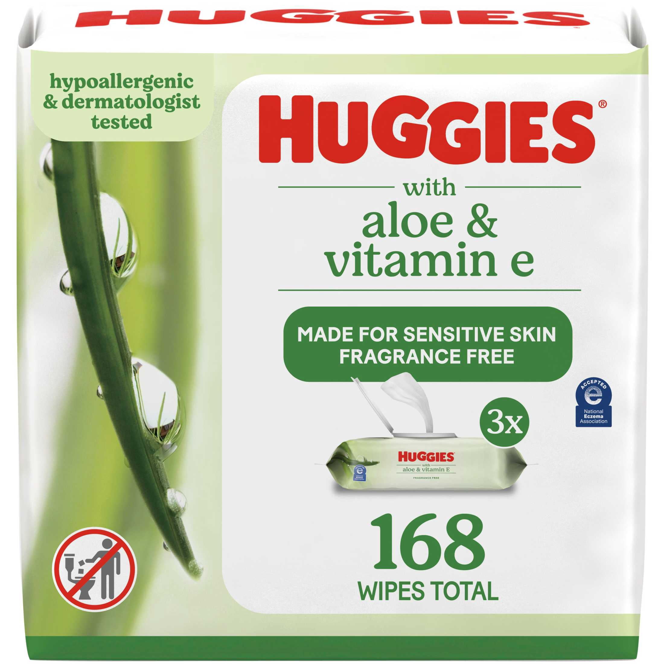 Huggies Wipes with Aloe & Vitamin E, Unscented, 3 Flip-Top Packs, 168 Total Count