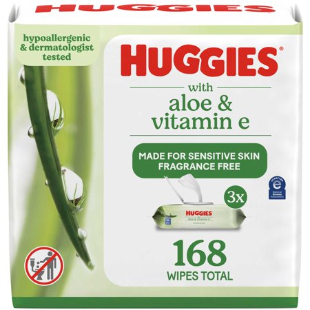 Huggies Unscented Baby Wipes with Aloe & Vitamin E, 3 Flip-Top Packs, 168 Count