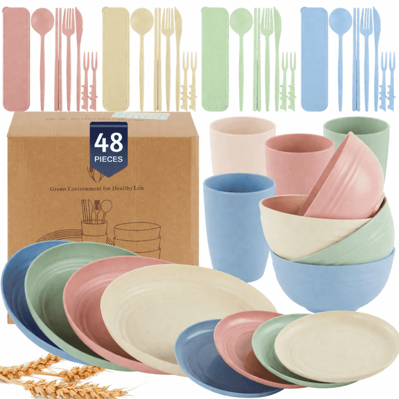 LAFAYTTE Wheat Straw Dinnerware Set for 4, 48 Pcs Unbreakable Plate and Bowl Set, Reusable Microwave Dishwasher Safe, Lightweight Colorful Dishes for Camping, Travel, Picnic, Home