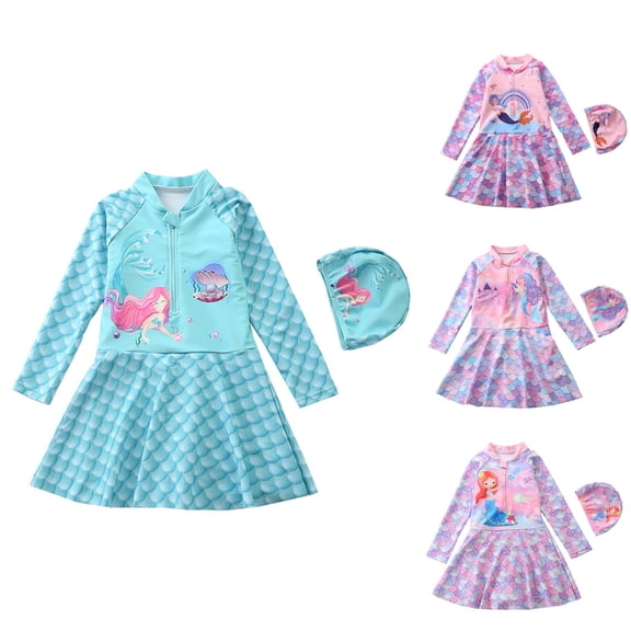 Girls Rash Guard Swimsuits Long Sleeve with Skirt Scale Print Rash Guard Swimwear Built In Shorts