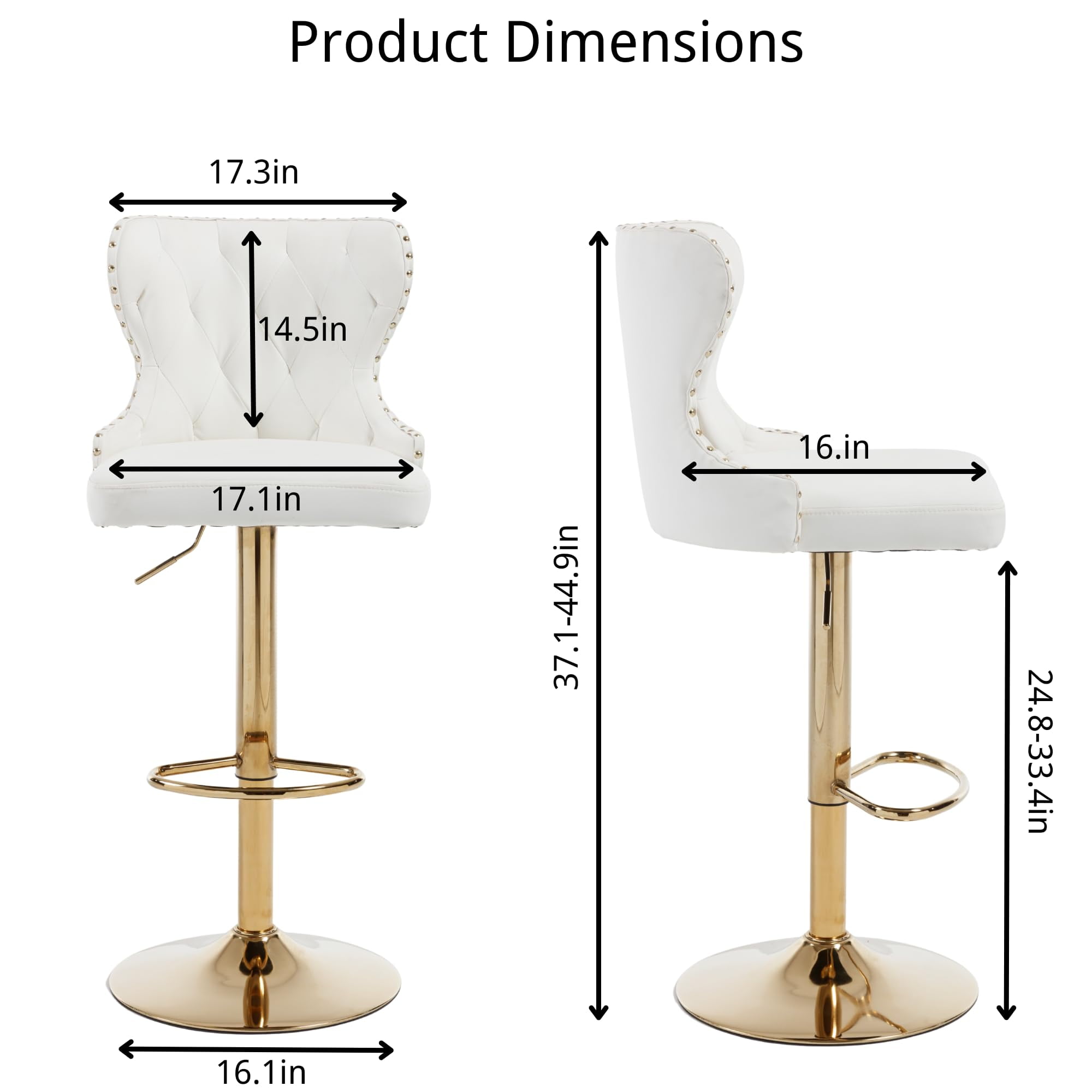 Set of 2 Adjustable Swivel Bar Stools, Faux Leather Upholstered Counter Height Chairs with Nailhead Trim, Golden Footrest, Golden Legs, and High Back for Kitchen Island, Home Bar, Dining Room, White