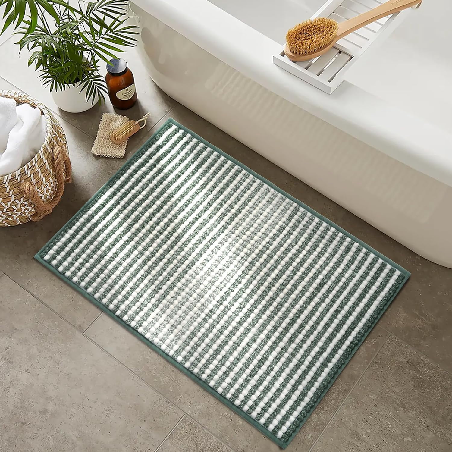 FRESHMINT Chunky Ombre Chenille Bathroom Rug 24''x36'', Large Water Absorbent Soft Bath Rugs for Bathroom Floor, Thick Non Slip Bath Mat Washable Quick Dry Shower Mats, Sage Green and White
