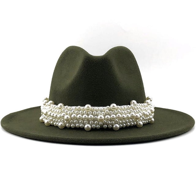 ¡Rebajas! Sombreros vaqueros Fdelink. Sombrero de copa para mujer, estilo británico, elegante sombrero de jazz con aro de perla y sombrero de copa, sombrero de ala ancha, sombrero de lana verde para