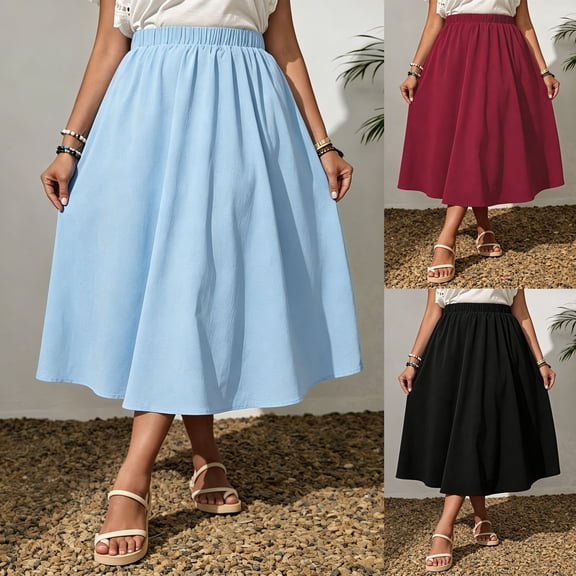 Bovxnpu Women's Plus Size Midi Skirt A-Line Flowy Skirts Plus Size Elastic Waist Casual Daily Wear Skirts