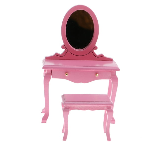 1/12 Dollhouse Pink Dressing Table Stool Furniture Set Bedroom 