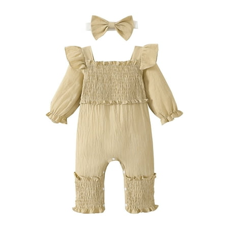 

koaiezne Girls Long Sleeve Solid Ruffles Romper Jumpsuit Headbands Set 18 Month Girl Matching Set Romper Dress Girls