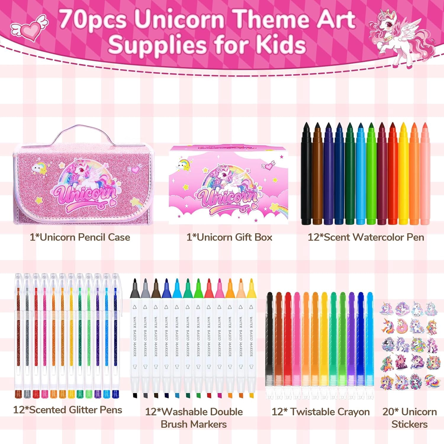 70PCS Unicorn Washable Markers Set with Glitter Case,Supplies for Kids Ages 4-6-8,Drawing Coloring Craft Kits for Girls with Marker,Glitter Pens,Crayon,Birthday Gifts Toys for Girls