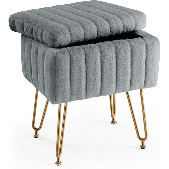 Simenmax Vanity Stool Chair with Storage, Ottoman Faux Fur Soft Padded Makeup Footstools Seat, Gray