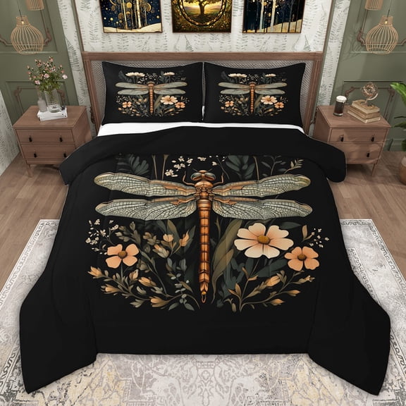 jejeloiu Cute Animal Dragonfly Twin Comforter Sets,Kawaii Plant Flowers Bedding Set For Girls Women Reversible 2-Piece