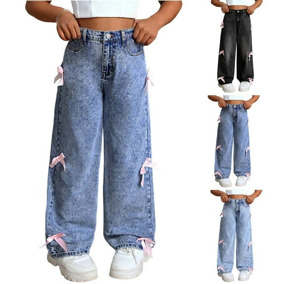 THDHVS Girls Jeans,Girls Bow Side Detail Jeans Wide Leg Straight Cut Fall Winter,Baggy Jeans for Girls Black 8-9 Years