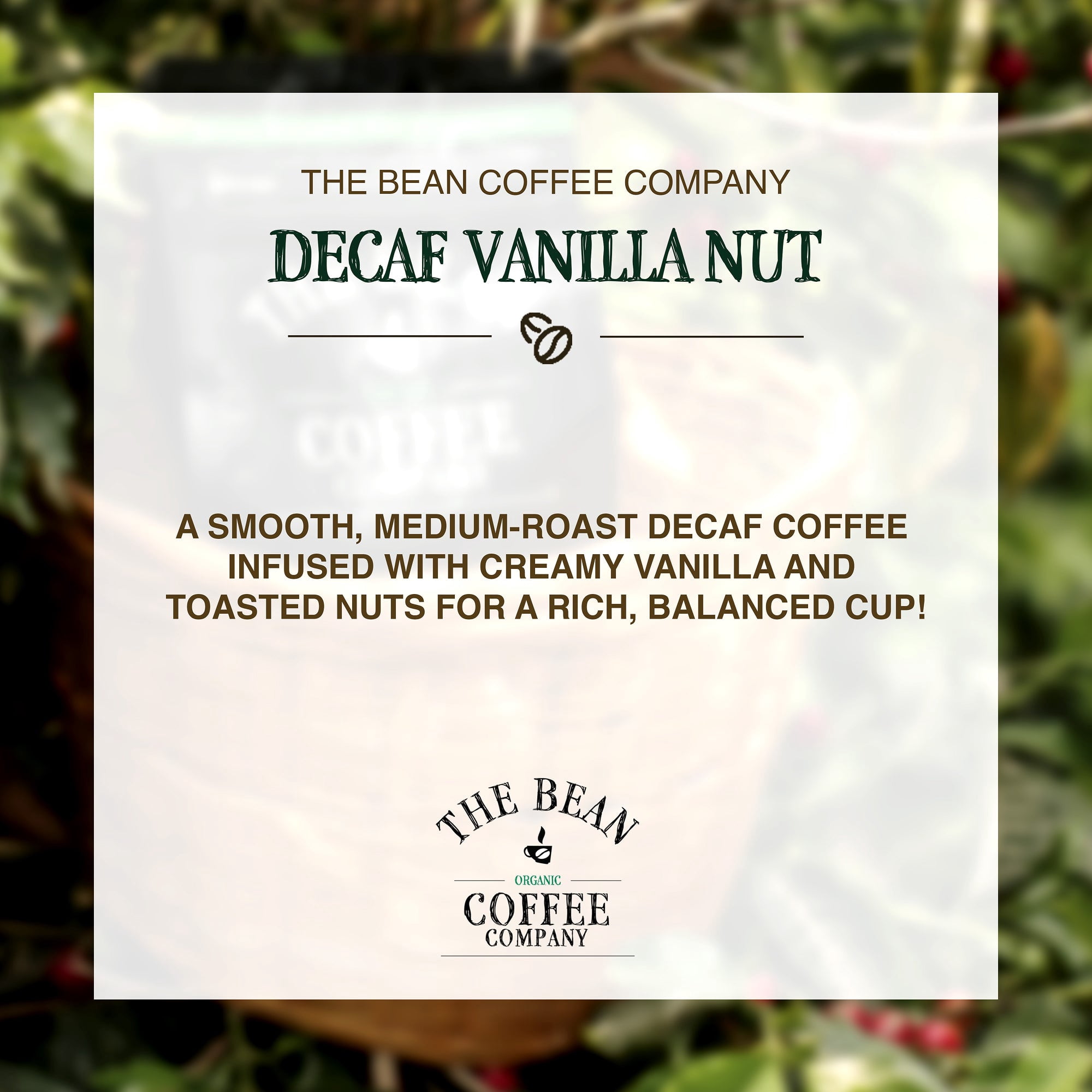 The Bean Organic Coffee Company Water Processed DECAF Vanilla Nut, Medium Roast, Ground Coffee, 16-Ounce Bags (Pack of 2)