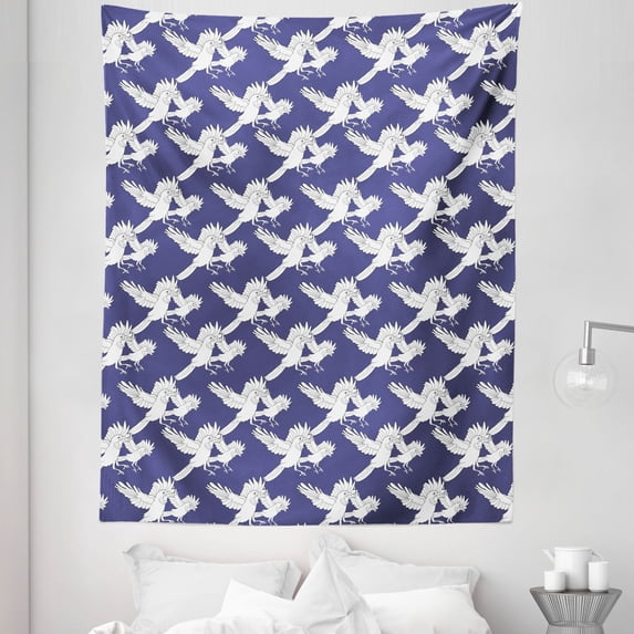Raven Tapestry, Flying Birds of Prey Claw Predator Hunting Repetitive Uncolored Illustration, Fabric Wall Hanging Decor for Bedroom Living Room Dorm, 5 Sizes, Dark Indigo White, by Ambesonne