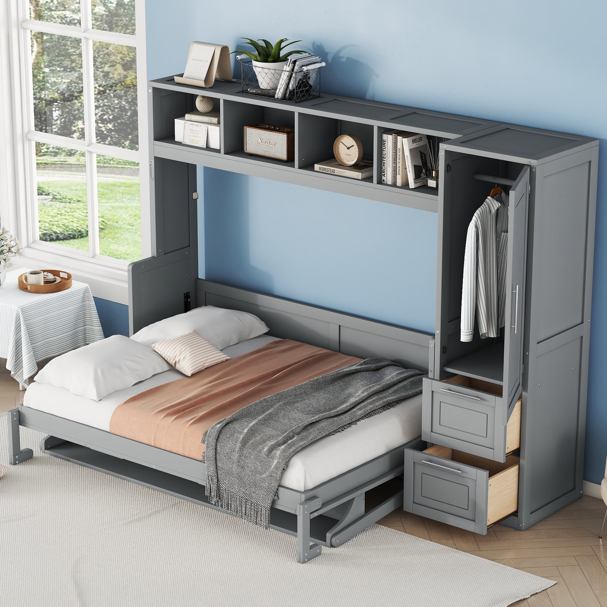 Noble House Full Size Murphy Bed Wall Bed with Closet and Drawers,Gray