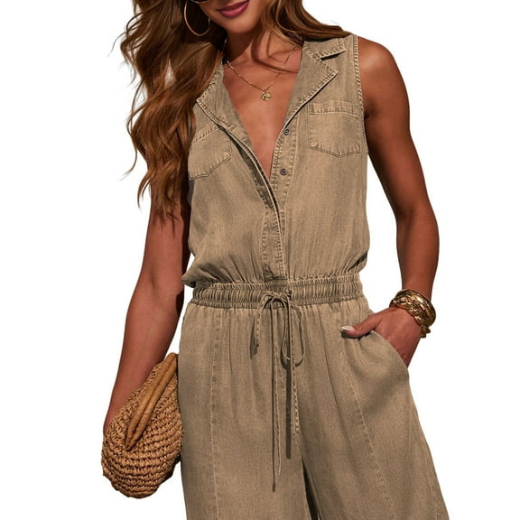 Women'S Denim Scoop Neck Sleeveless Drawstring Waist Jumpsuits Overall Rompers Light Khaki M
