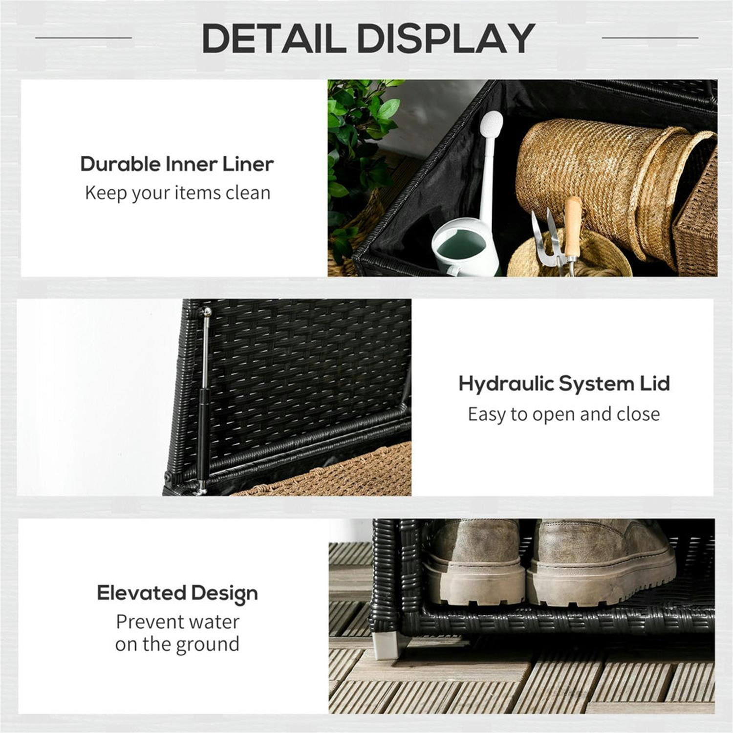 Demi Bonn 37" Outdoor Storage Box & Shoe Rack, PE Rattan Wicker Towel Holder with Liner for Indoor Outdoor Patio Furniture, Poolside, Garden Tool Organization, Black