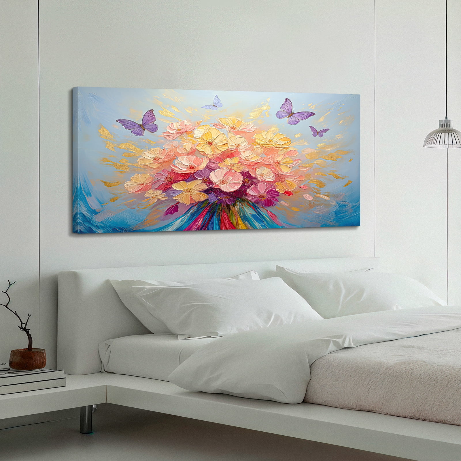 Oversized Floral Paintings, Large Canvas Wall Art for Living Room Bedroom Decor, Abstract Landscape Artwork Butterfly Flower Pictures Prints for Office Home 60x30"